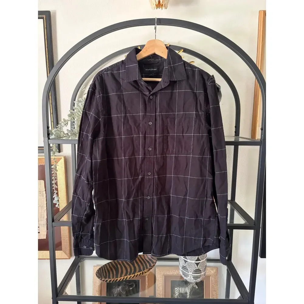 Banana Republic Untucked Fit Shirt Mens Large Black Windowpane Check Button Up